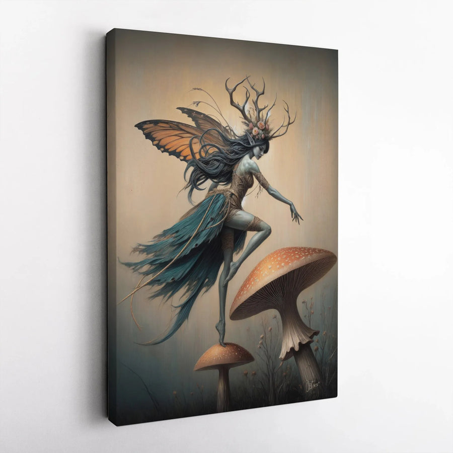 Dark Fairy Canvas Wall Art | Antlered Woodland Sprite with Butterfly Wings | Premium Fade-Resistant Gallery Wrap | Gothic Fantasy Decor for Home