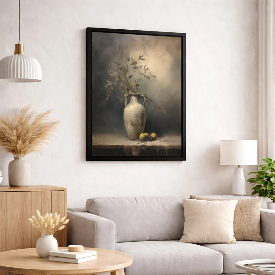 Classical Still Life Canvas Art | Antique Vase With Fruit Oil Painting Style | 1.25-Inch Gallery Wrap | Premium Neutral Home Decor Wall Print