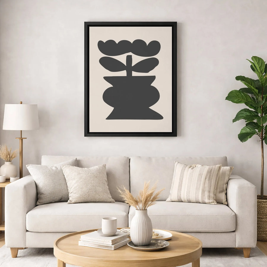 Minimalist Floral Canvas Art | Abstract Black Flower In Vase Silhouette | Premium Gallery Wrap Wall Decor | Modern Neutral Home Office Aesthetic