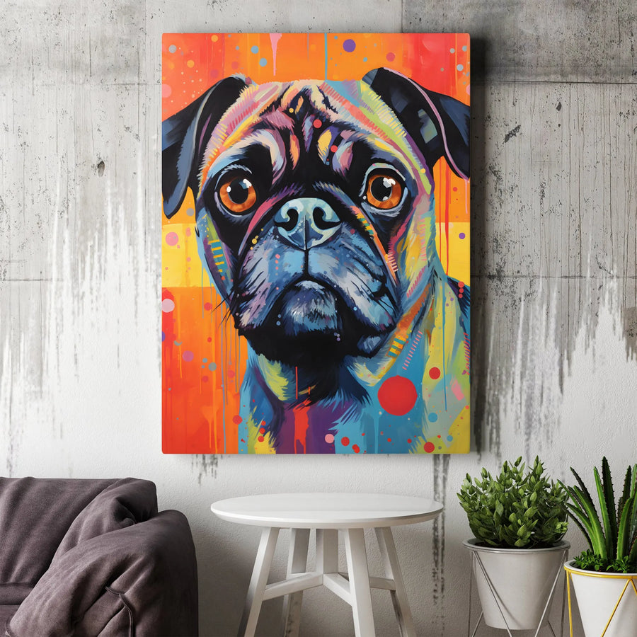 Colorful Pug Vertical Canvas | Pop Art Dog Portrait | Premium Gallery Wrapped Print | Gift for Pug Lovers & Modern Home Decor