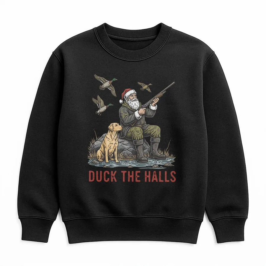 Duck The Halls Christmas Sweatshirt | Funny Santa Duck Hunting Graphic | Premium Cotton Blend | Gift for Hunter Dad Outdoorsman