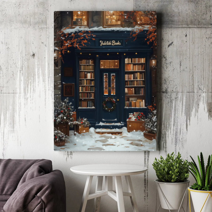 Christmas Bookstore Canvas Wall Art | Snowy Winter Shop Scene | Premium Gallery Wrap Print | Festive Holiday Home Decor Gift
