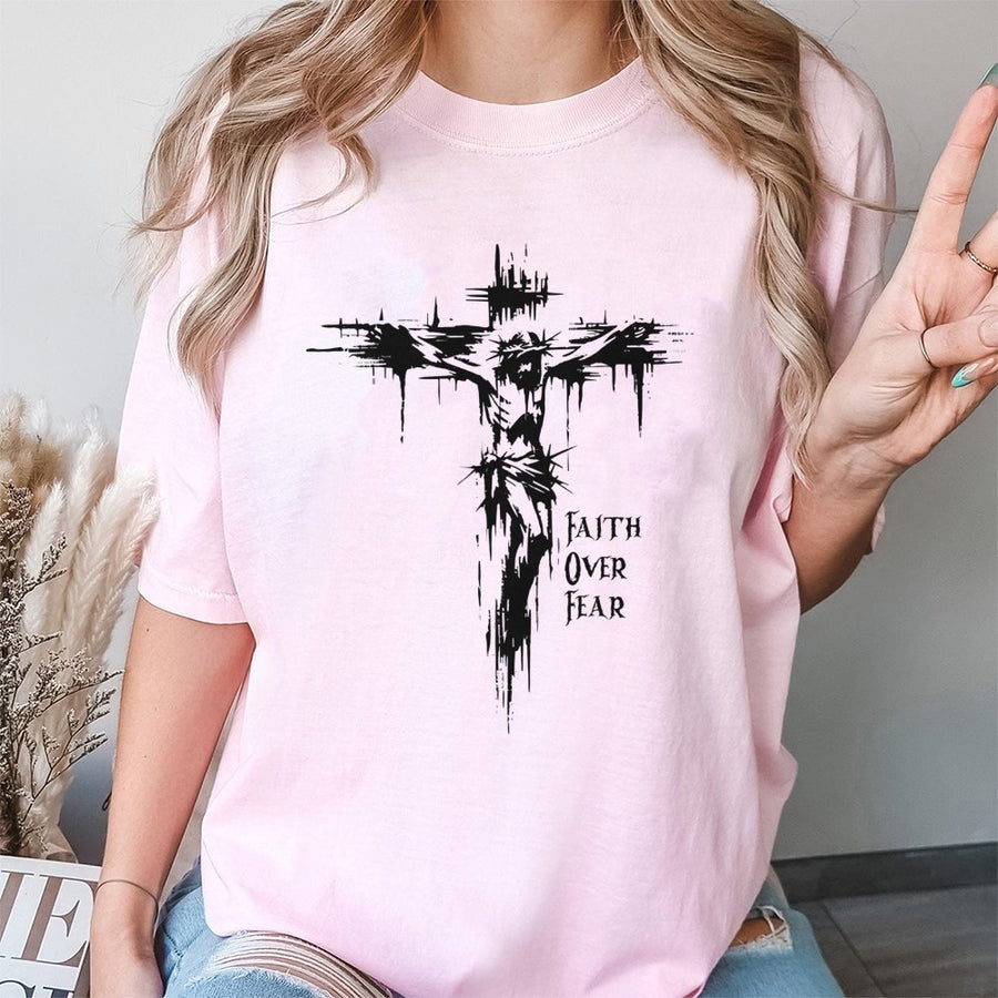 Faith Over Fear Cross T-Shirt | Distressed Graphic Religious Tee | 100% Cotton Premium Quality | Christian Inspirational Gift for Men and Women