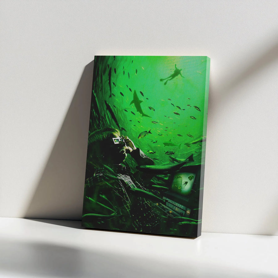 Surreal Underwater Shark Wall Art | Deep Sea Man With 3D Glasses Canvas Print | Premium Gallery Wrap Decor | Unique Office & Home Wall Decor