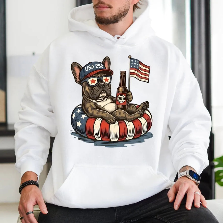 USA 250 French Bulldog Hoodie | Funny Patriotic Dog with Flag & Beer | Premium Soft Cotton Blend | 4th of July Gift for Dog Lover