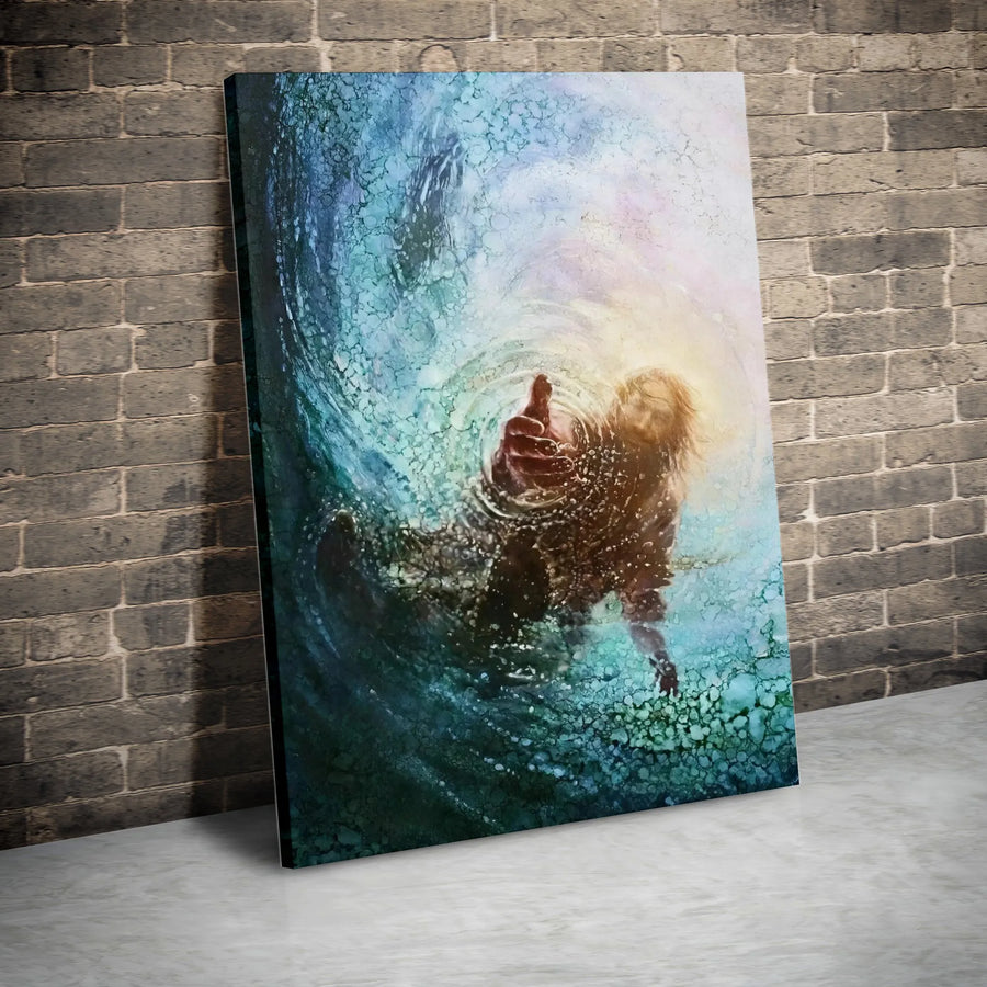 Jesus Reaching Hand Vertical Canvas | Biblical Hand of God Artwork | Premium Gallery Wrapped Canvas | Inspirational Christian Home Decor Gift