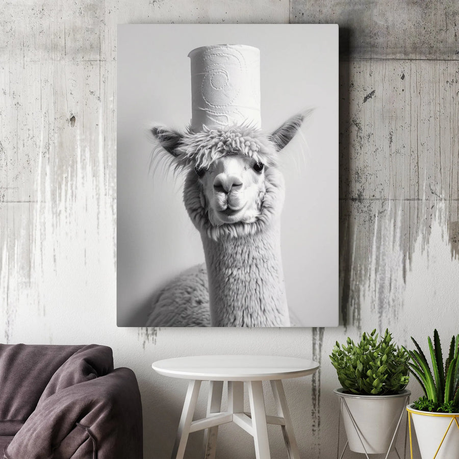 Funny Alpaca Bathroom Wall Art | Quirky Llama with Toilet Paper Roll Hat | Premium Gallery Canvas | Humorous Home Decor Gift for Animal Lovers