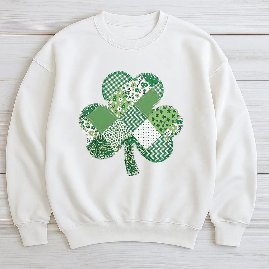 St Patricks Day Sweatshirt | Irish Patchwork Shamrock Clover Graphic | Cotton Blend Unisex Crewneck | Lucky Holiday Gift for Women and Men