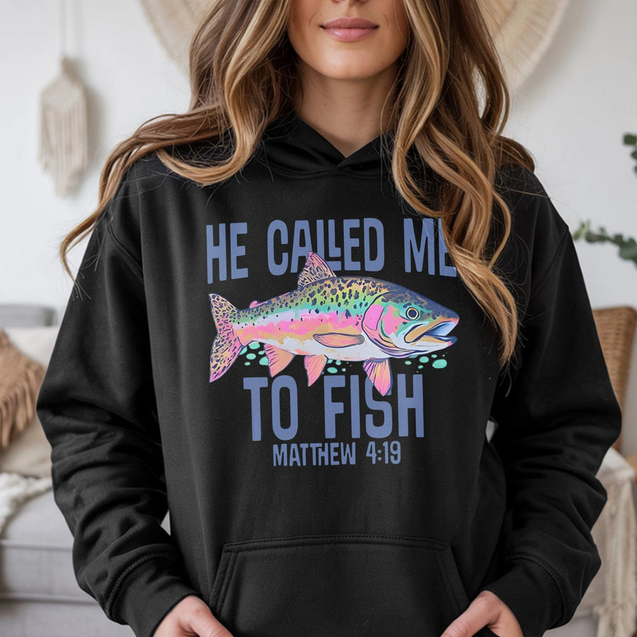 He Called Me To Fish Hoodie | Matthew 4:19 Bible Verse Graphic | Premium Cotton-Blend Apparel | Christian Fishing Gift for Men and Women