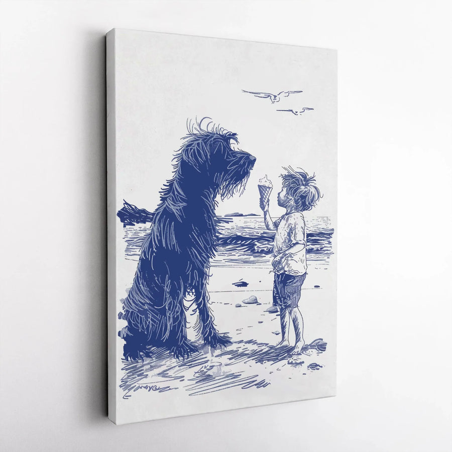 Boy and Dog Beach Art Canvas | Blue Sketch Illustration | Premium Gallery Wrapped 1.25" Profile | Heartwarming Coastal Wall Decor Gift