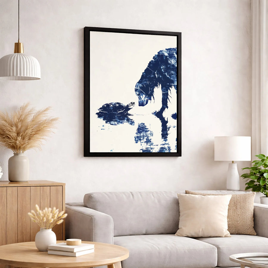 Dog and Turtle Wall Art | Abstract Blue Ink Animal Portrait | Premium Gallery-Wrapped Canvas | Unique Nature Gift for Pet Lovers