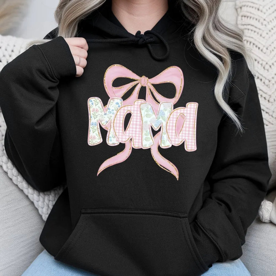Mama Hoodie with Pink Bow | Floral Gingham Typography Design | Premium Soft Cotton Blend | Trendy Pregnancy Reveal Gift for Mom