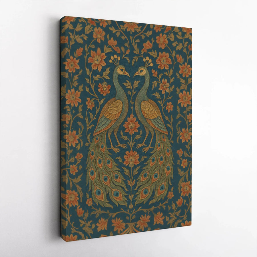 Peacock Wall Art Canvas | Vintage Symmetrical Floral Print | Premium Gallery-Wrapped Decor | Elegant Botanical Home Gift