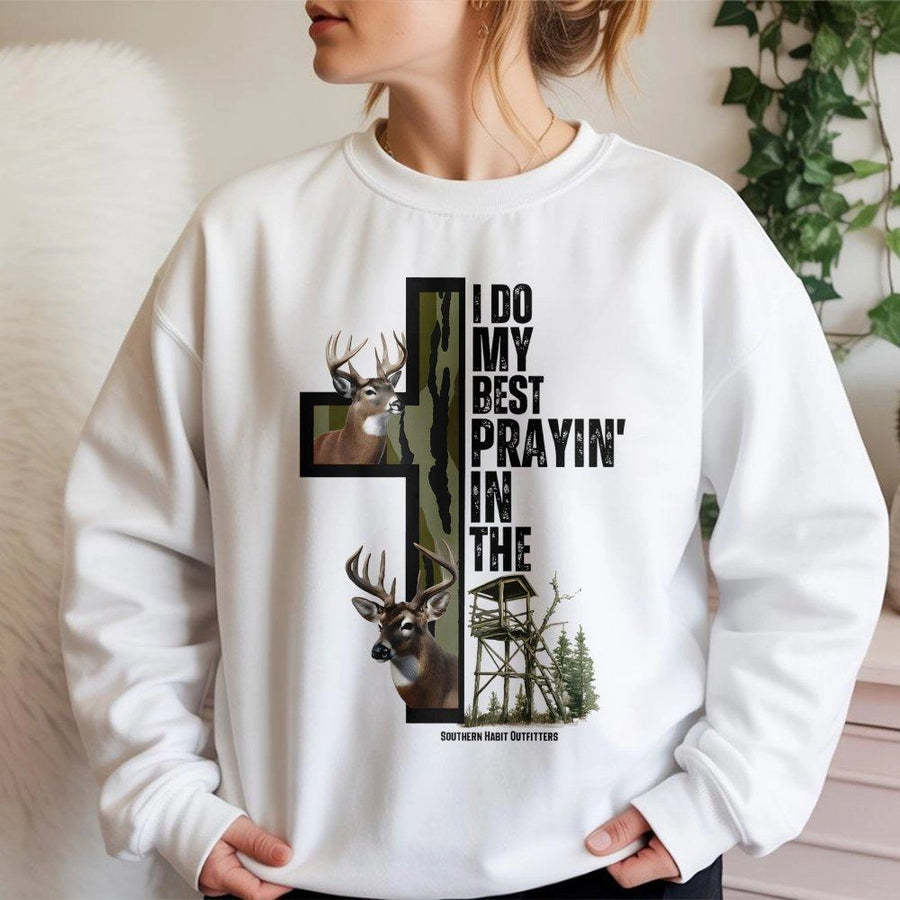 I Do My Best Prayin In The Deer Stand Sweatshirt | Hunting Cross Graphic Design | Premium Cotton Blend | Gift For Hunters And Outdoorsmen