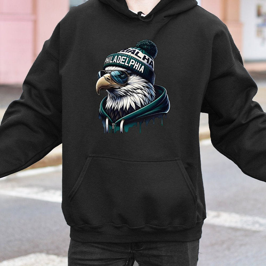 Black Graphic Hoodie, Philadelphia Eagle Inspired Cool Bird Design, Soft Cotton Blend, Comfortable Unisex Fit