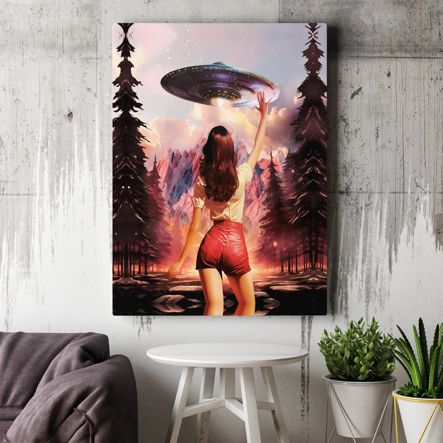 UFO Abduction Canvas Wall Art | Sci-Fi Fantasy Forest Scene | Premium Gallery Wrap Print | Unique Space Decor for Alien Enthusiasts