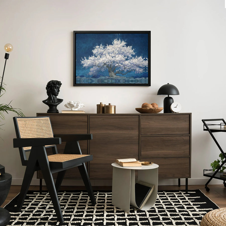 White Blossom Tree Canvas Art | Abstract Floral Night Landscape | Gallery-Wrapped Premium Print | Calming Wall Decor for Bedroom Living Room