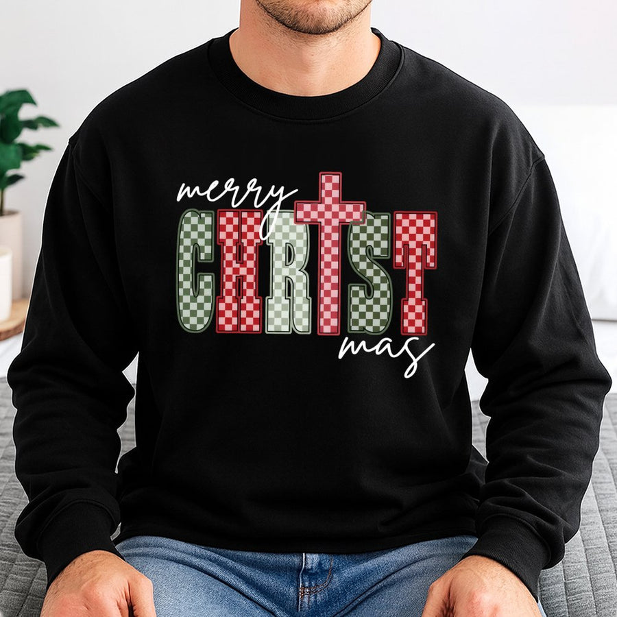 Merry Christ-mas Sweatshirt | Religious Plaid Cross Graphic | Premium Cotton Blend | Christian Holiday Gift for Men and Women