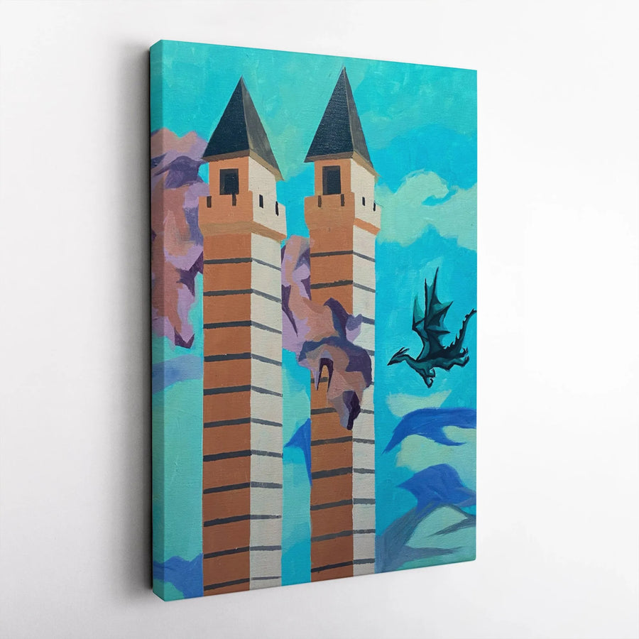 Fantasy Dragon Wall Art | Flying Creature Near Castle Towers | Premium Gallery Wrapped Canvas | Mythical Decor Gift for Fantasy Lovers