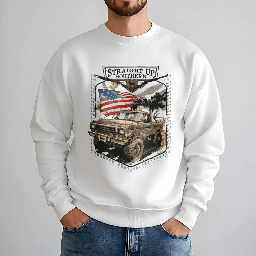 Southern Truck Sweatshirt | Off-Road Mudding American Flag Design | Premium Unisex Fleece Pullover | Patriotic Gift For Country Music & Truck Lovers