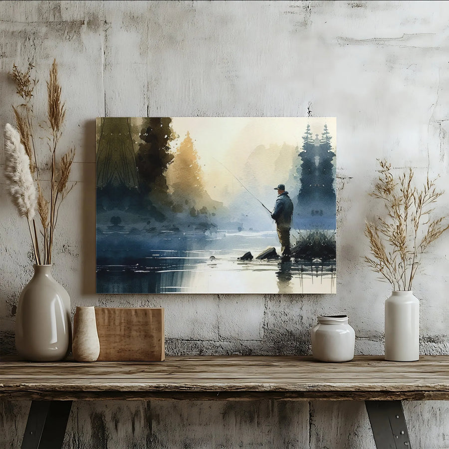 Fisherman Wall Art | Watercolor Lake Scenery Print | Premium Gallery Wrapped Canvas | Fishing Decor Gift for Men
