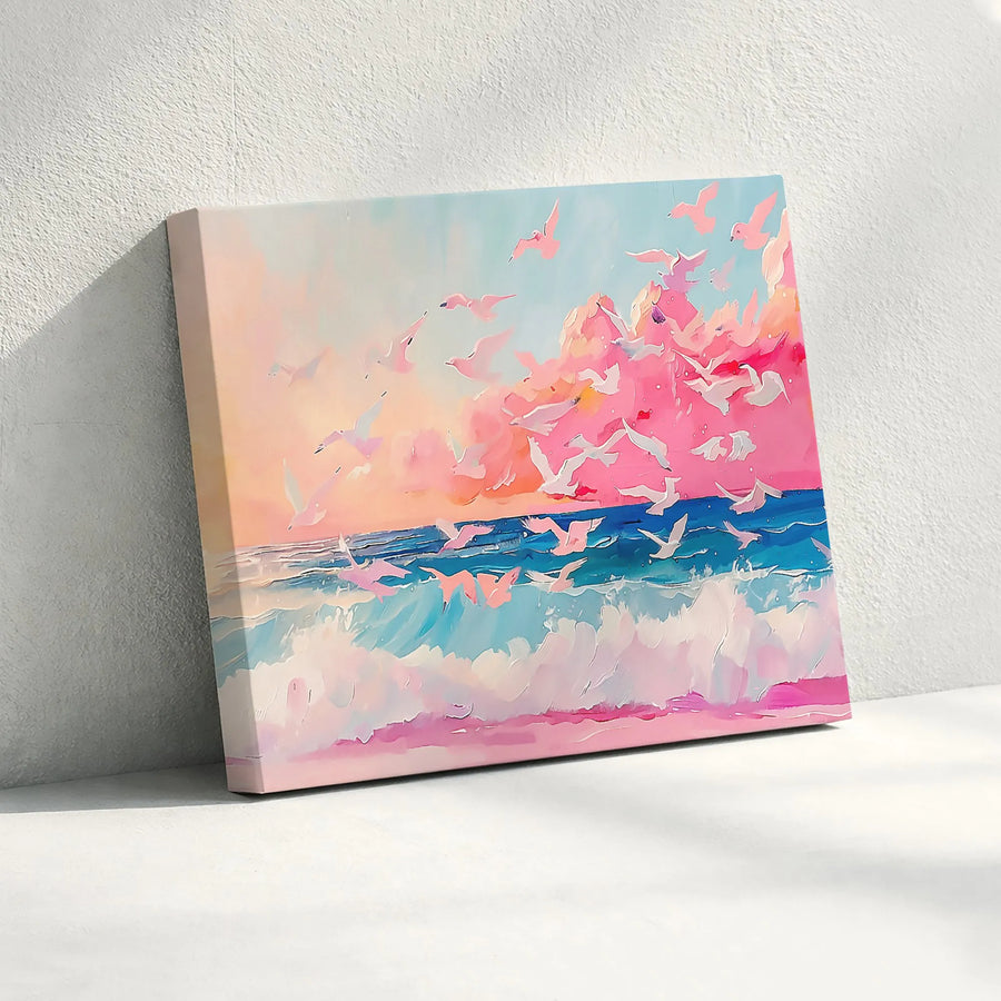 Abstract Ocean Canvas Print | Pastel Sunset Coastal Art with Birds | Premium Gallery Wrap Canvas | Modern Beach House Decor Gift