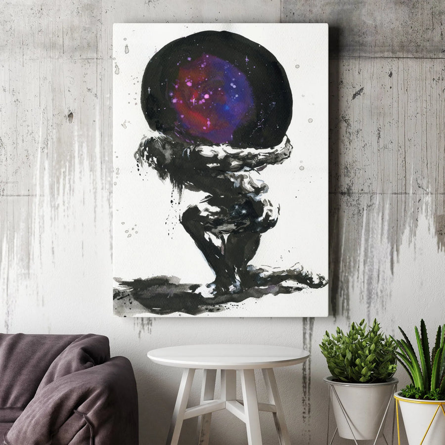 Atlas Holding The Galaxy Canvas Art | Greek Mythology Watercolor Print | Premium Gallery-Wrapped Wall Decor | Unique Gift for History Buffs