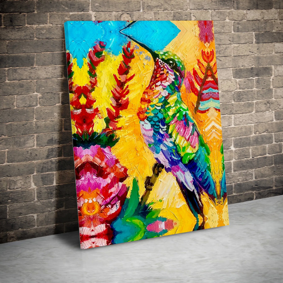 Colorful Hummingbird Canvas Wall Art | Abstract Oil Painting Print | Premium Gallery Wrap 1.25" Frame | Vibrant Nature Home Decor Gift for Bird Lovers
