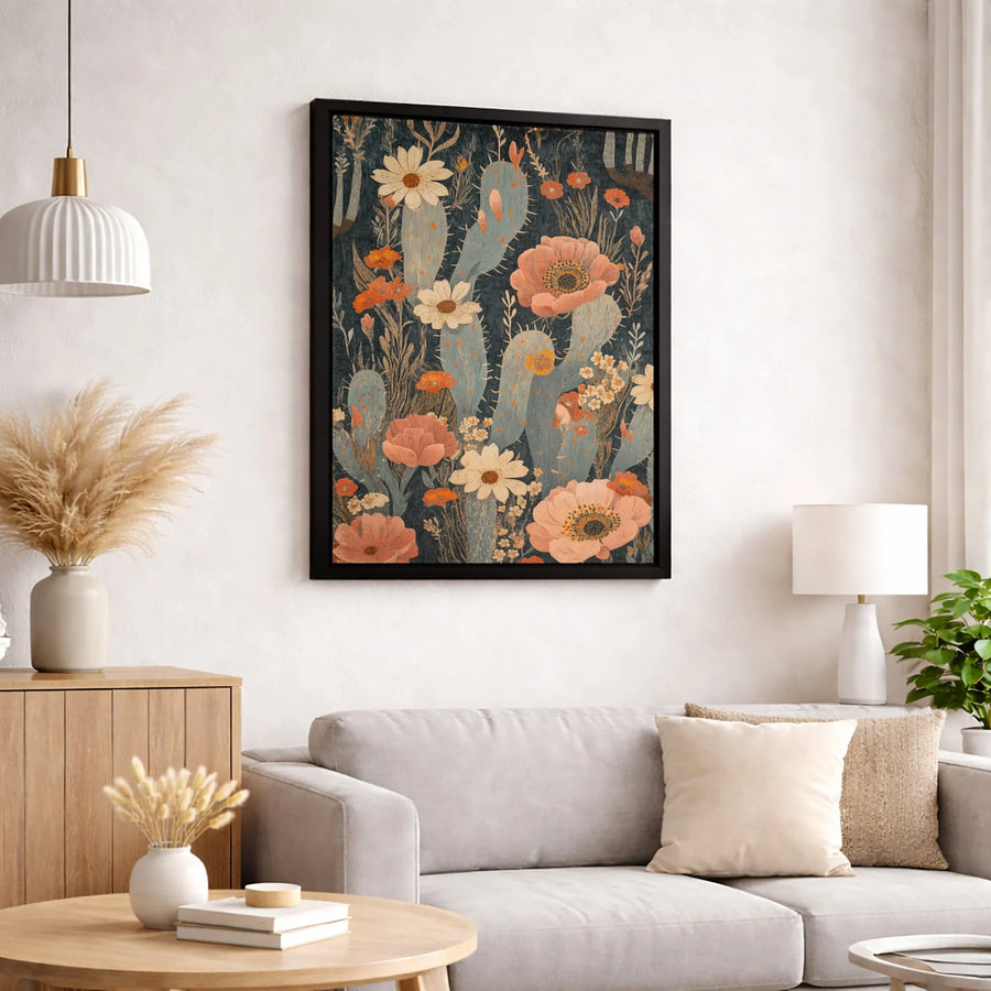 Desert Floral Canvas Print | Vintage Cactus With Poppies And Daisies Wall Art | Premium 1.25-Inch Gallery Wrap | Southwestern Home Decor Gift