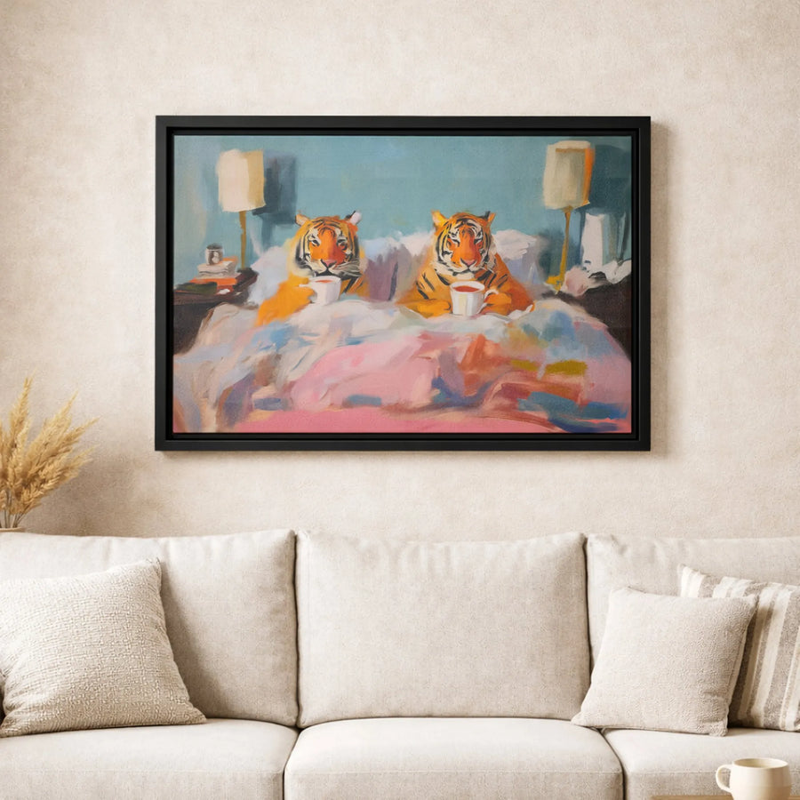 Tiger Canvas Wall Art | Whimsical Tigers Drinking Coffee In Bed Painting | Premium Gallery Wrap Decor | Unique Animal Lover Gift Idea
