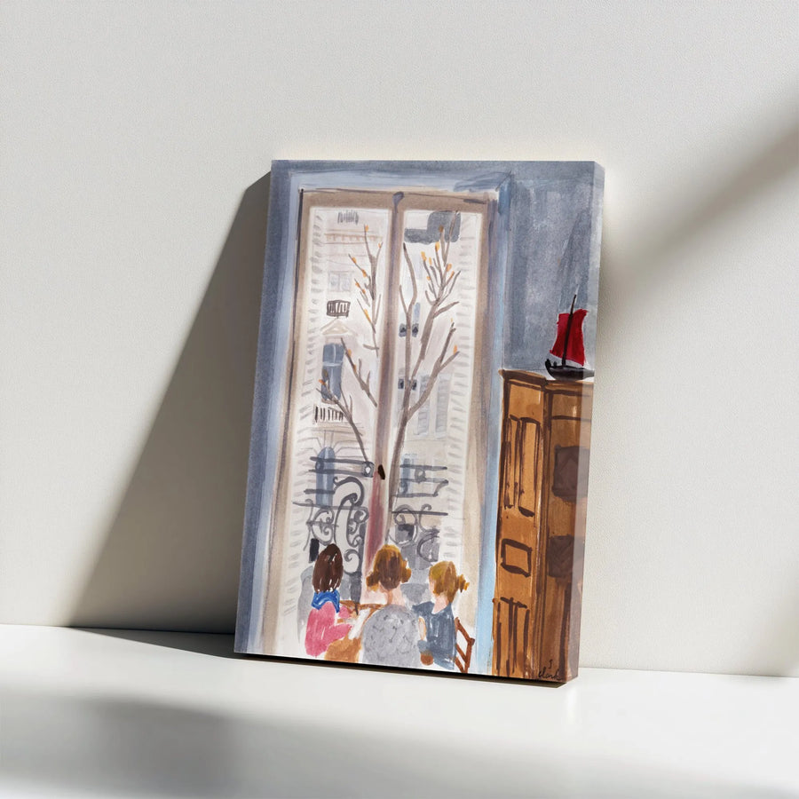Parisian Window Scene Canvas Print | Watercolor Painting of Three Girls | Thick Gallery Wrap Canvas | French Inspired Home Decor Gift