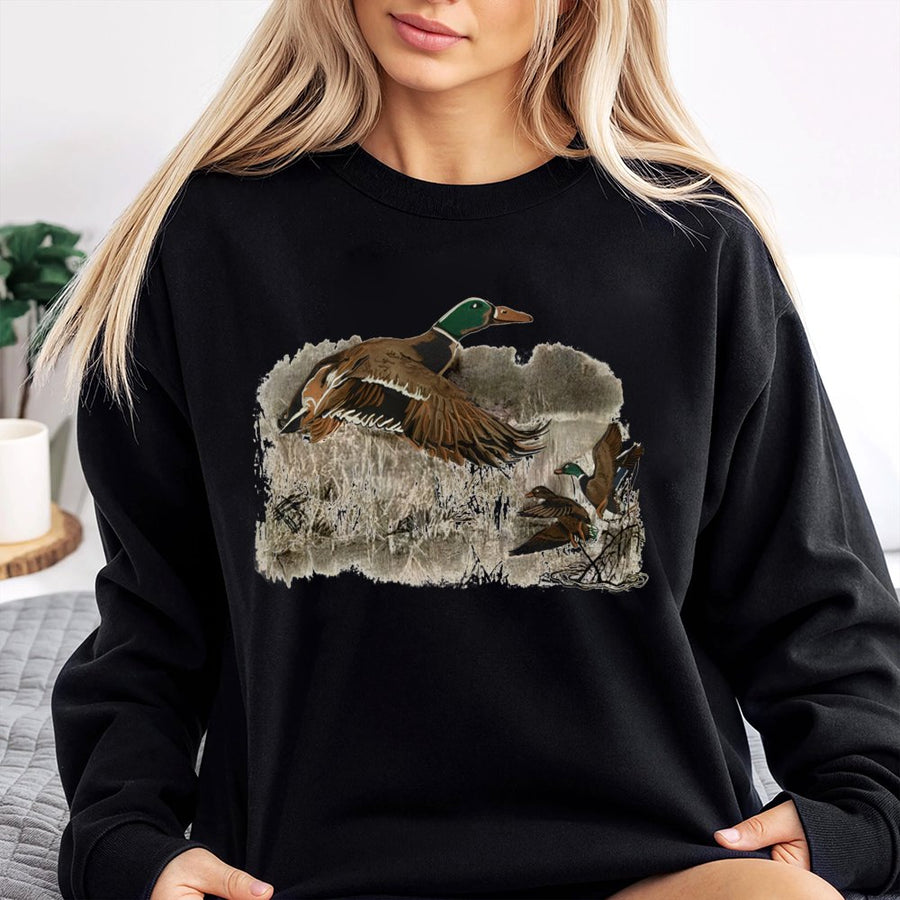 Mallard Duck Sweatshirt | Vintage Wildlife Flying Ducks Illustration | Cotton Blend Comfort Crewneck | Nature Lover Gift for Bird Hunters