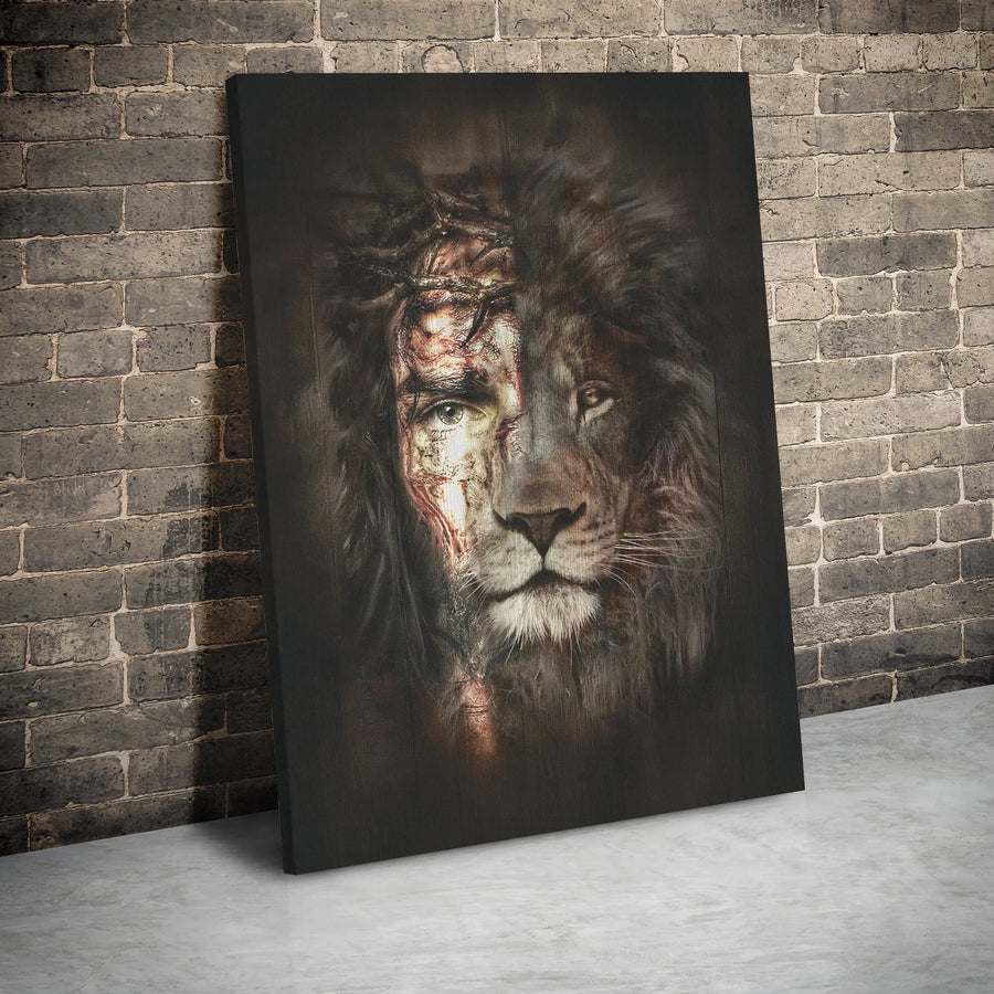 Lion of Judah Jesus Canvas Art | Half-Face Lion Crown of Thorns Portrait | Gallery-Wrapped Premium Wall Decor | Christian Faith Gift for Home Office
