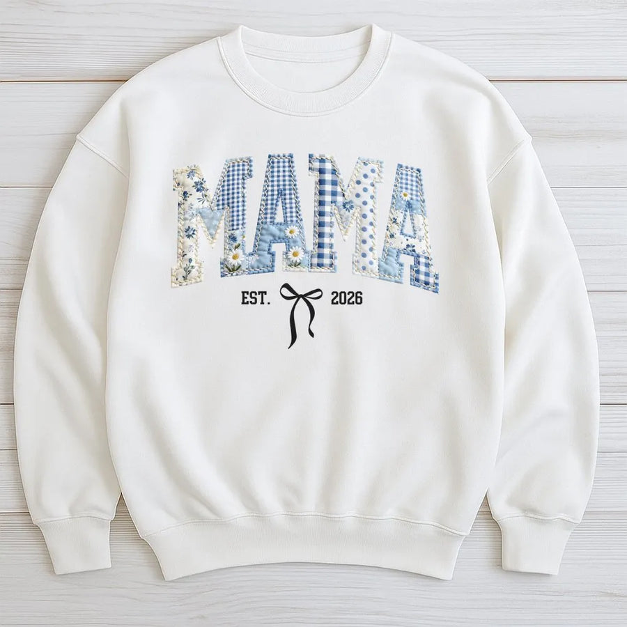 Mama Est 2026 Sweatshirt | Floral Faux Patchwork Design With Bow | Soft Cotton Blend | New Mom Pregnancy Announcement Gift