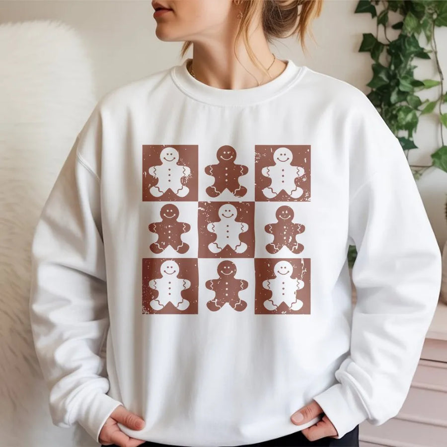 Gingerbread Man Sweatshirt | Checkered Retro Holiday Graphic | Premium Cotton Blend Crewneck | Cute Christmas Gift for Her