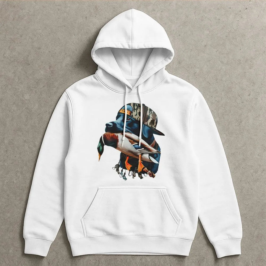 Hunting Dog Duck Hoodie | Camo Hat Lab Retriever Graphic | Premium Cotton Blend | Gift for Waterfowl Hunters and Outdoor Enthusiasts