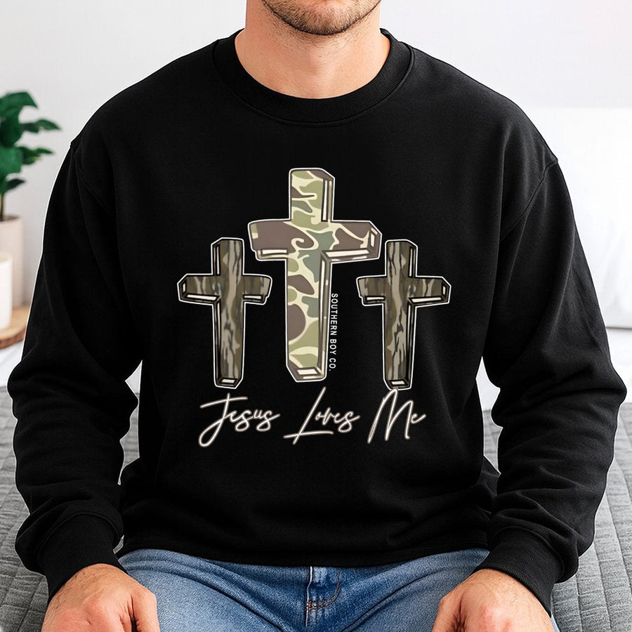 Jesus Loves Me Camo Cross Sweatshirt | Triple Cross Christian Faith Design | Cotton-Poly Blend Premium Quality | Religious Gift for Men and Women