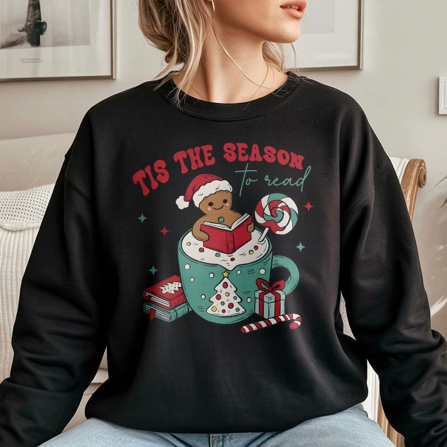 Tis The Season To Read Sweatshirt | Gingerbread Book Lover Christmas Design | Premium Cotton Blend | Holiday Gift For Readers & Librarians