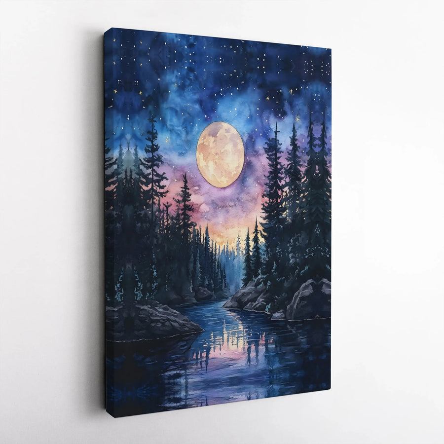 Full Moon Pine Forest Wall Art | Night River Watercolor Print | Premium Gallery Canvas | Nature Landscape Home Decor Gift