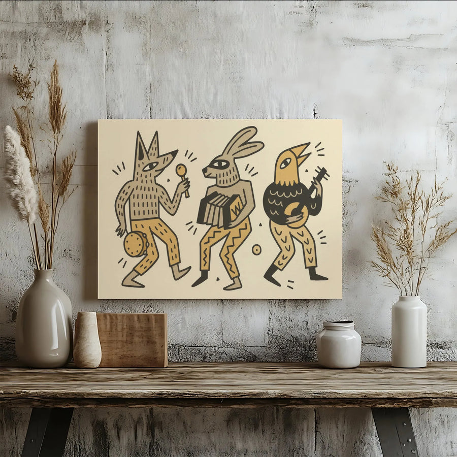 Folk Art Animal Band Canvas Print | Whimsical Fox Rabbit Bird Music Decor | Gallery Quality 1.25-inch Profile | Unique Living Room Wall Art Gift