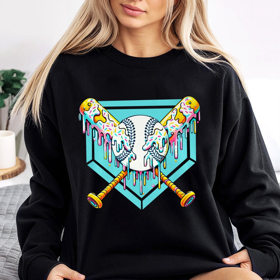 Baseball Drip Sweatshirt | Colorful Glazed Bat and Ball Graphic | Premium Cotton Blend | Gift for Baseball Players and Fans