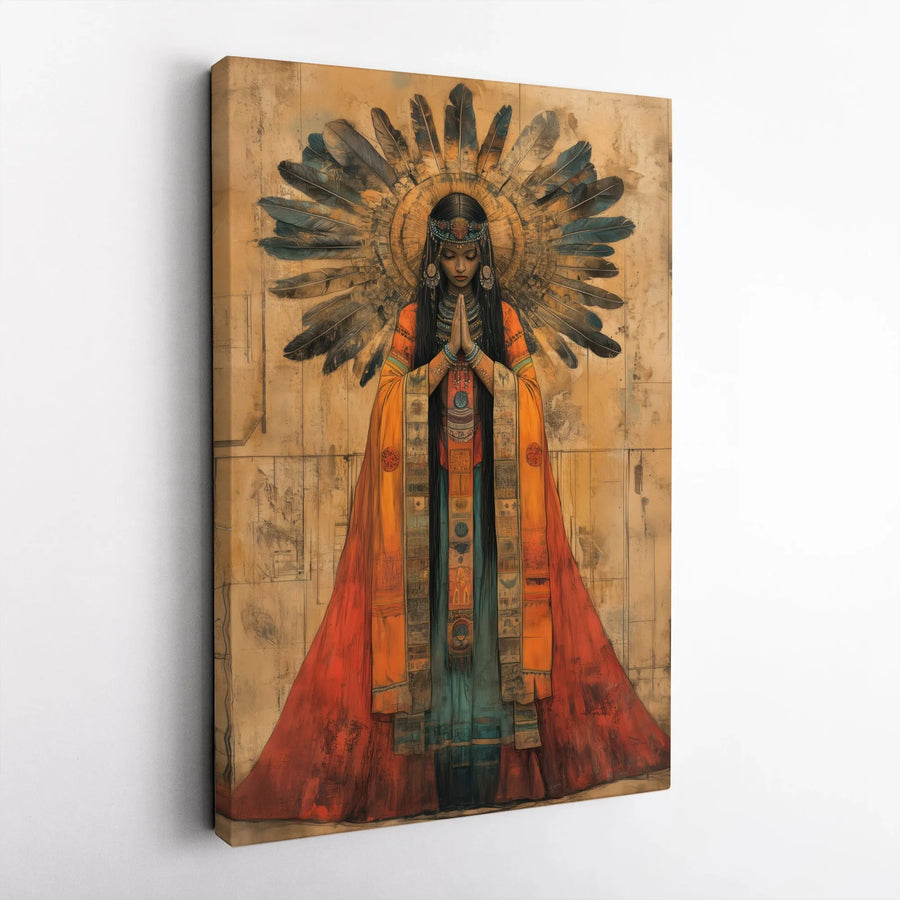 Native American Woman Wall Art | Spiritual Praying Figure With Feather Headdress | Premium Gallery Wrapped Canvas | Boho Home Decor Gift