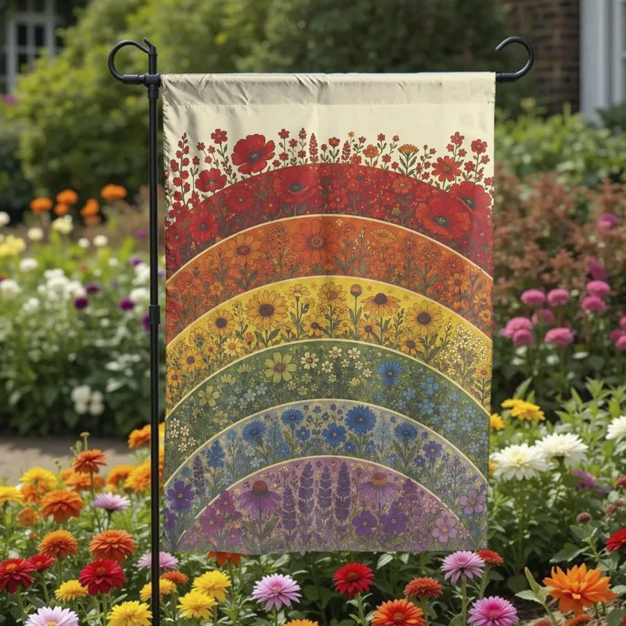 Retro Rainbow Wildflower Garden Flag | Colorful Floral Arch Double-Sided Print | Weather-Resistant Polyester Fabric | Spring Summer Yard Art Outdoor Decor Gift