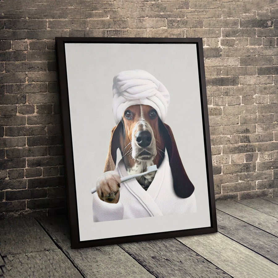 Basset Hound Wall Art | Funny Dog in Bathrobe with Toothbrush | Premium 1.25" Gallery Wrap Canvas | Unique Bathroom Decor Gift for Dog Lovers