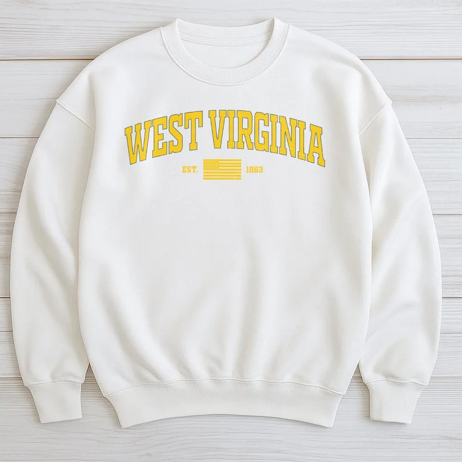 Vintage West Virginia Sweatshirt | Varsity Style Est. 1863 Graphic | Soft Cotton Blend Sweatshirt | State Pride Souvenir Gift for Men & Women
