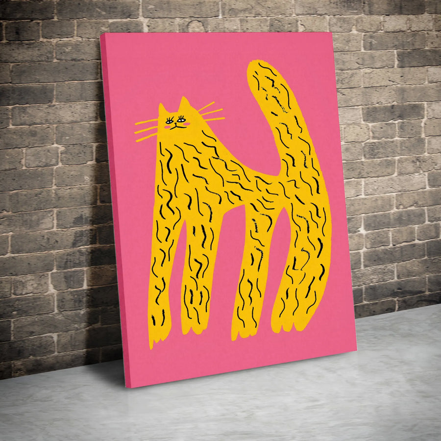 Yellow Cat Wall Art Print | Quirky Abstract Animal Illustration | Premium Gallery Wrapped Canvas | Colorful Maximalist Home Decor Gift