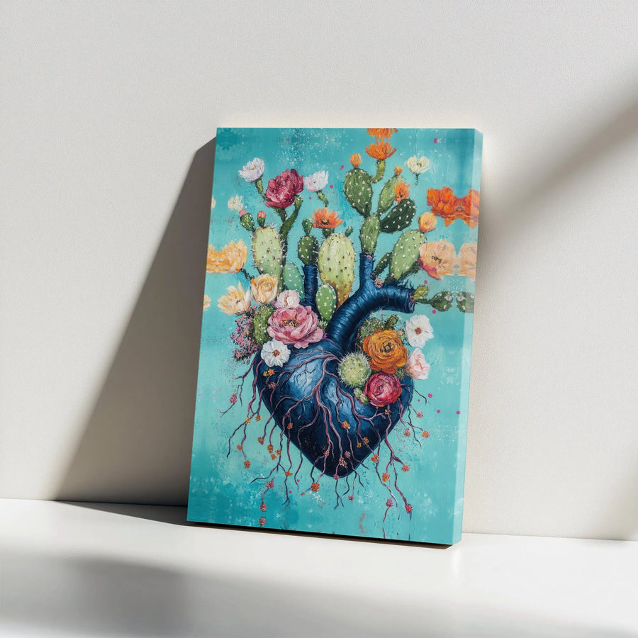 Anatomical Heart Canvas Print | Surreal Cactus & Wildflower Painting | Premium Textured Gallery Wrap | Cardiologist Office Art Gift