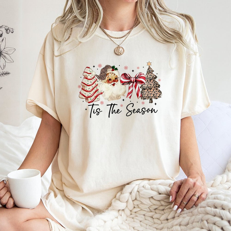 Tis The Season Christmas Shirt | Retro Leopard Print Santa Graphic | Premium 100% Cotton Tee | Festive Holiday Gift For Women & Men
