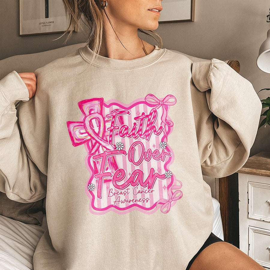 Faith Over Fear Sweatshirt | Preppy Breast Cancer Awareness Ribbon Cross | Soft Cotton Blend Graphic Pullover | Gift for Survivor Warrior