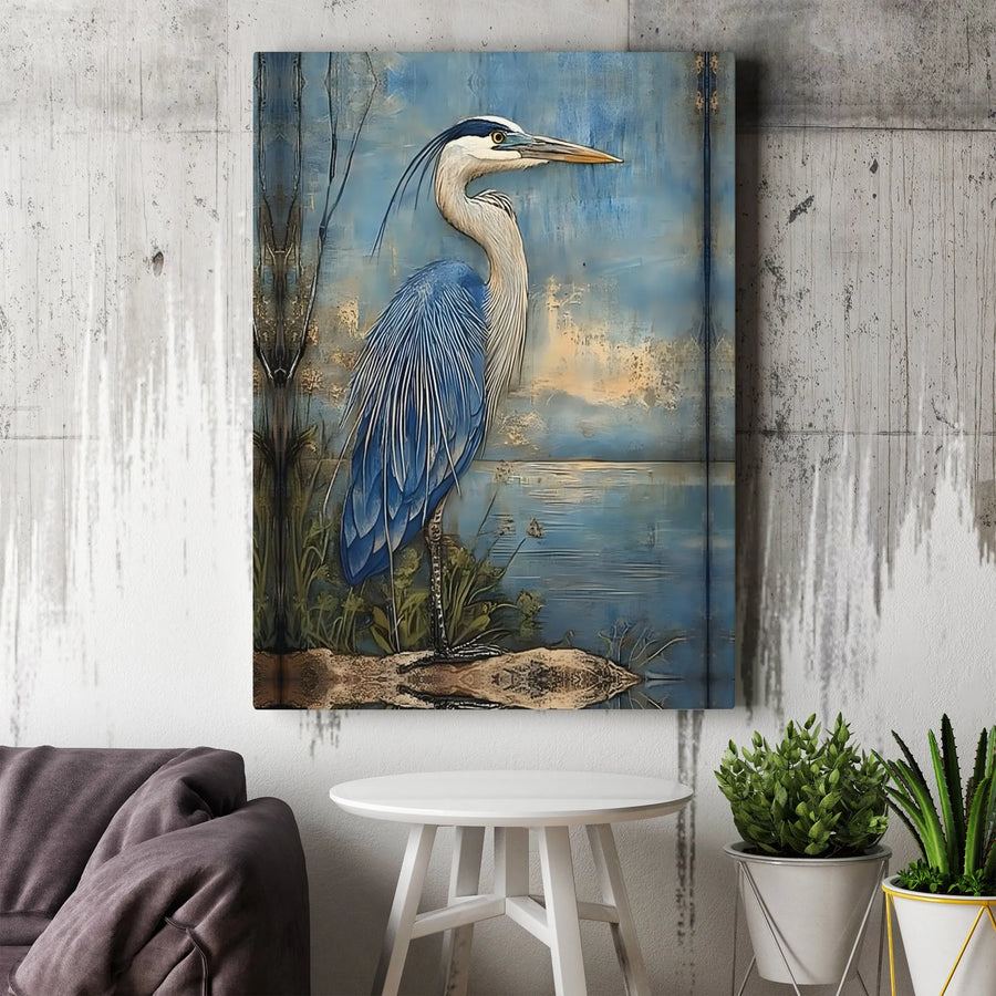 Great Blue Heron Wall Art | Coastal Bird Landscape Canvas Print | Premium Gallery Wrapped Decor | Nature Lover Gift Idea